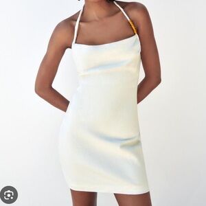 Zara White Double lined Linen Halter Dress with Beads Small